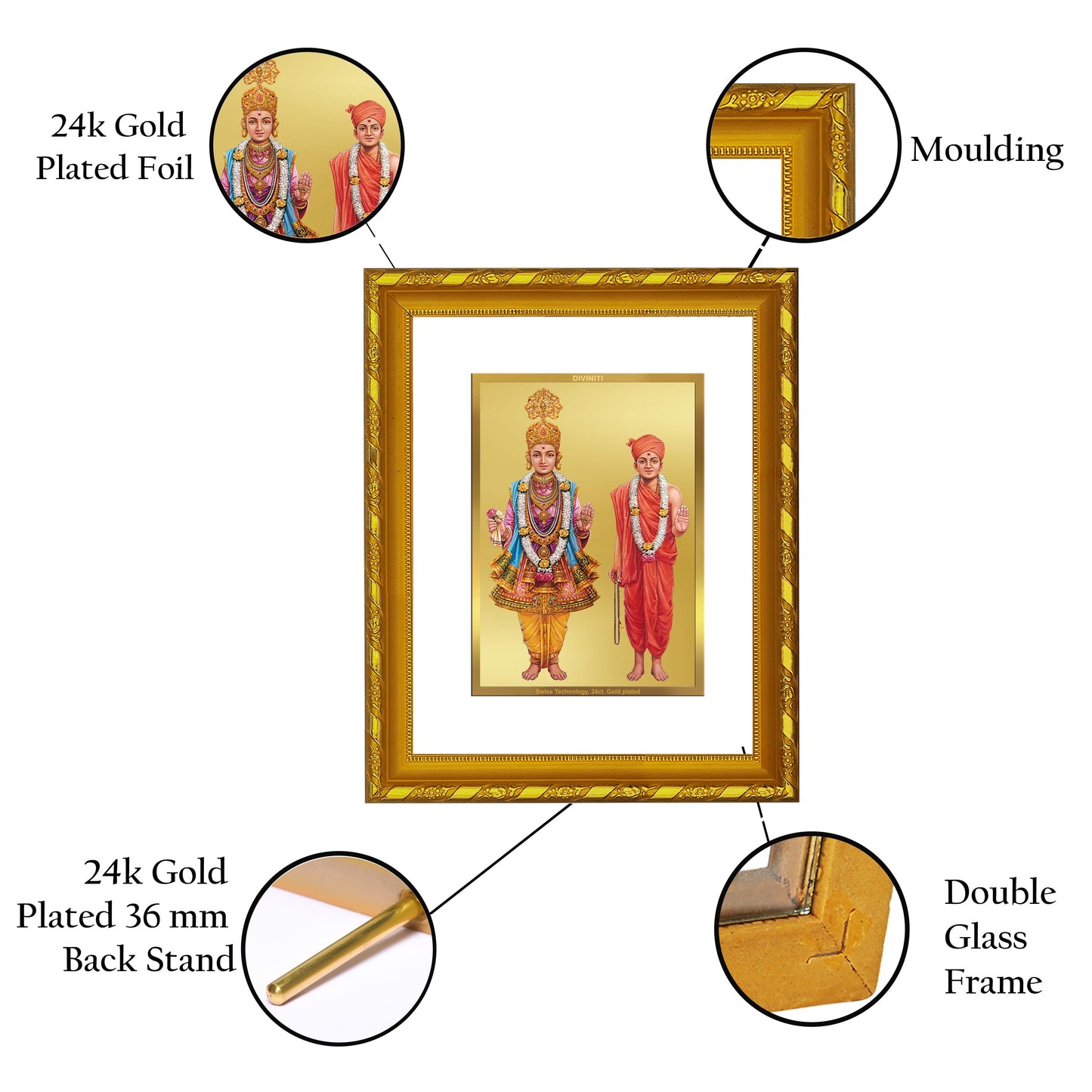 DIVINITI 24K Gold Plated Swaminarayan Photo Frame For Home Decor, TableTop, Luxury Gift (21.5 X 17.5 CM)