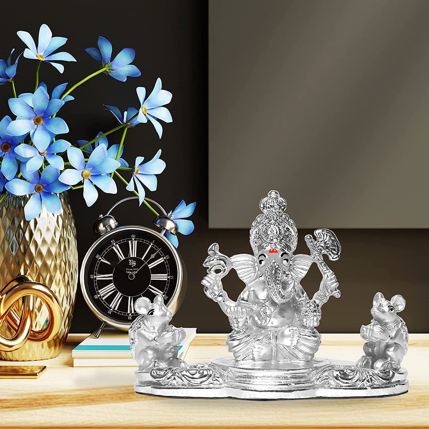 DIVINITI 999 Silver Plated Ganesha and Mooshak Idol For Home Decor, Tabletop, Puja Room (8.7 X 11.6 CM)