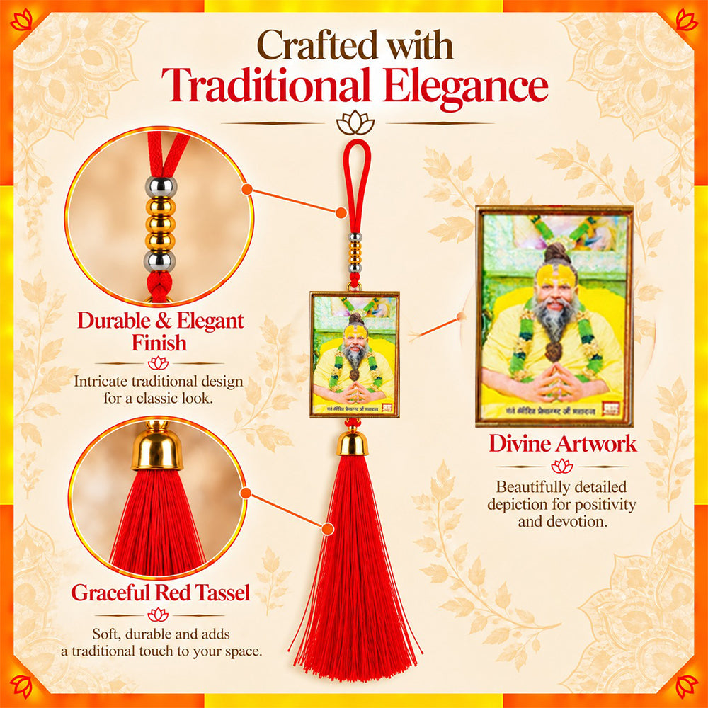Premanand Ji Maharaj Ji Hanging Dangler with Red Tassel | Spiritual Car & Home Hanging | Devotional Gift