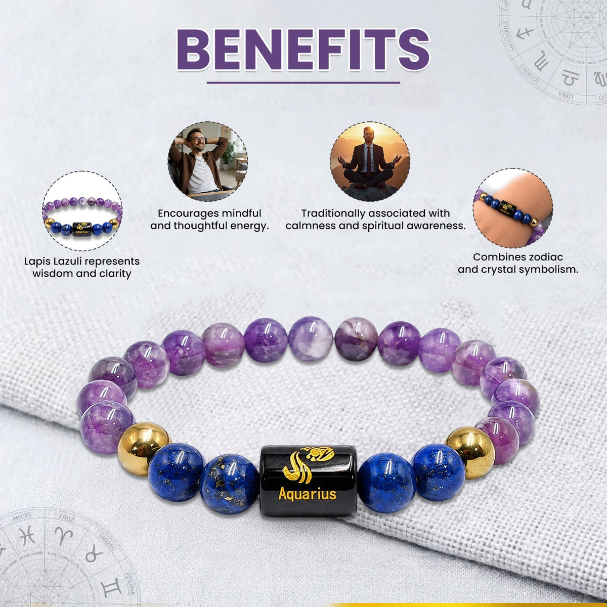 Aquarius (कुंभ राशि) Zodiac Amethyst & Lapis Lazuli Crystal Bracelet