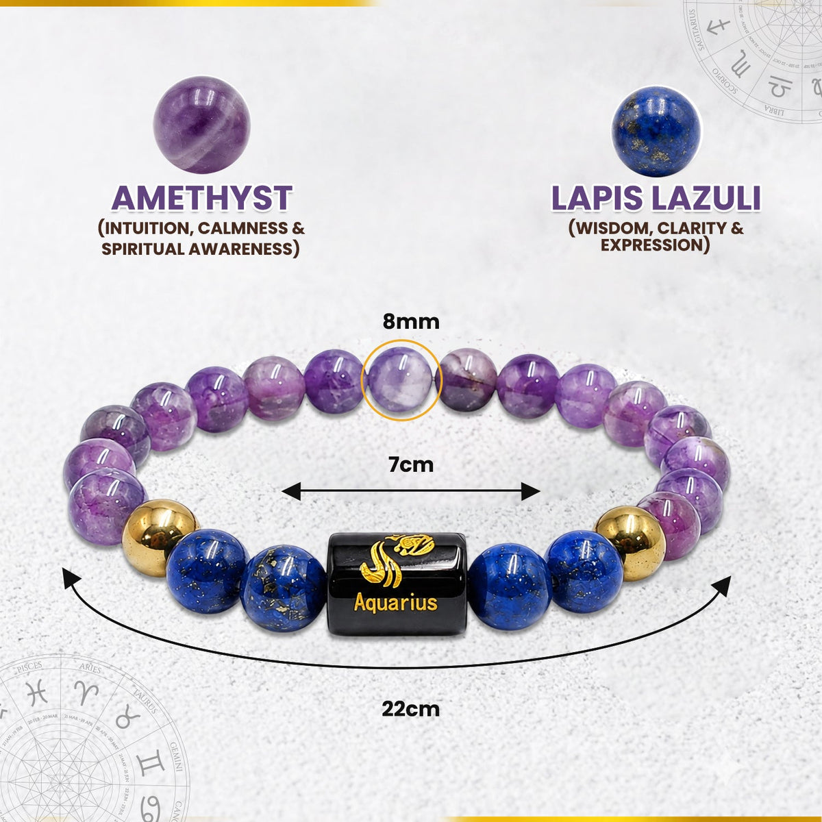 Aquarius (कुंभ राशि) Zodiac Amethyst & Lapis Lazuli Crystal Bracelet