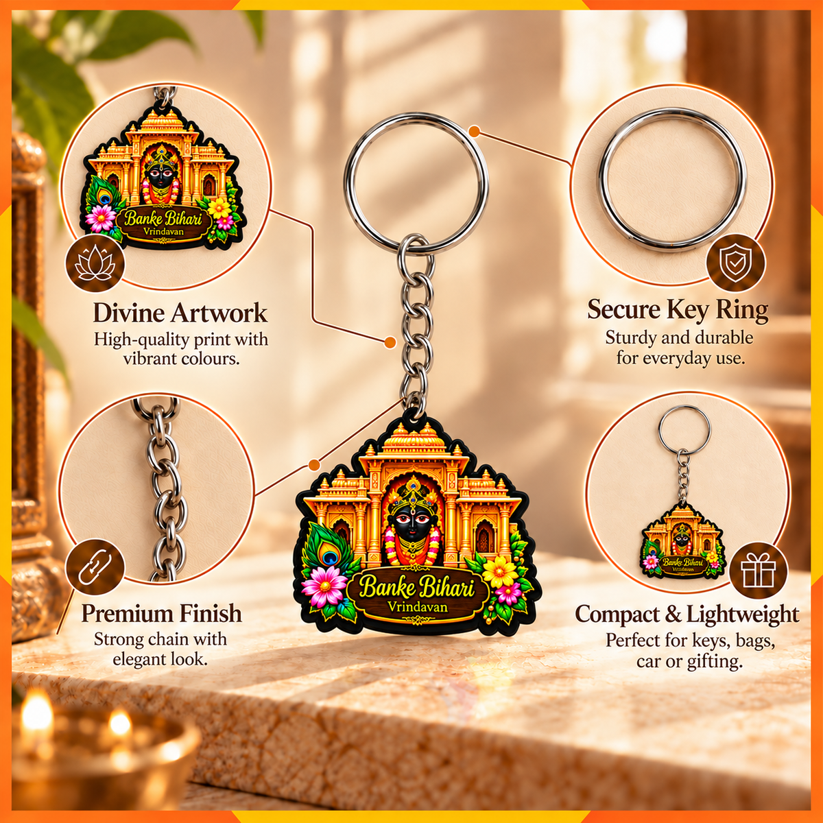 Banke Bihari Vrindavan Temple Keychain | Krishna Devotional Key Ring