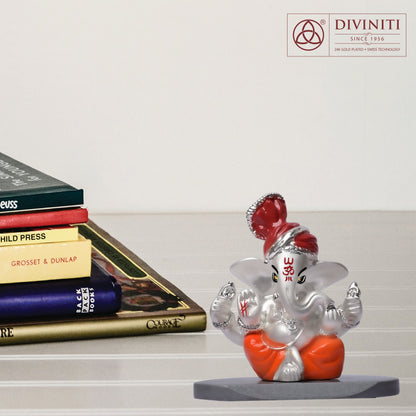DIVINITI 999 Silver Plated Pagdi Ganesha Idol For Car Dashboard, Home Decor, Table, Gift (7 X 7 CM)