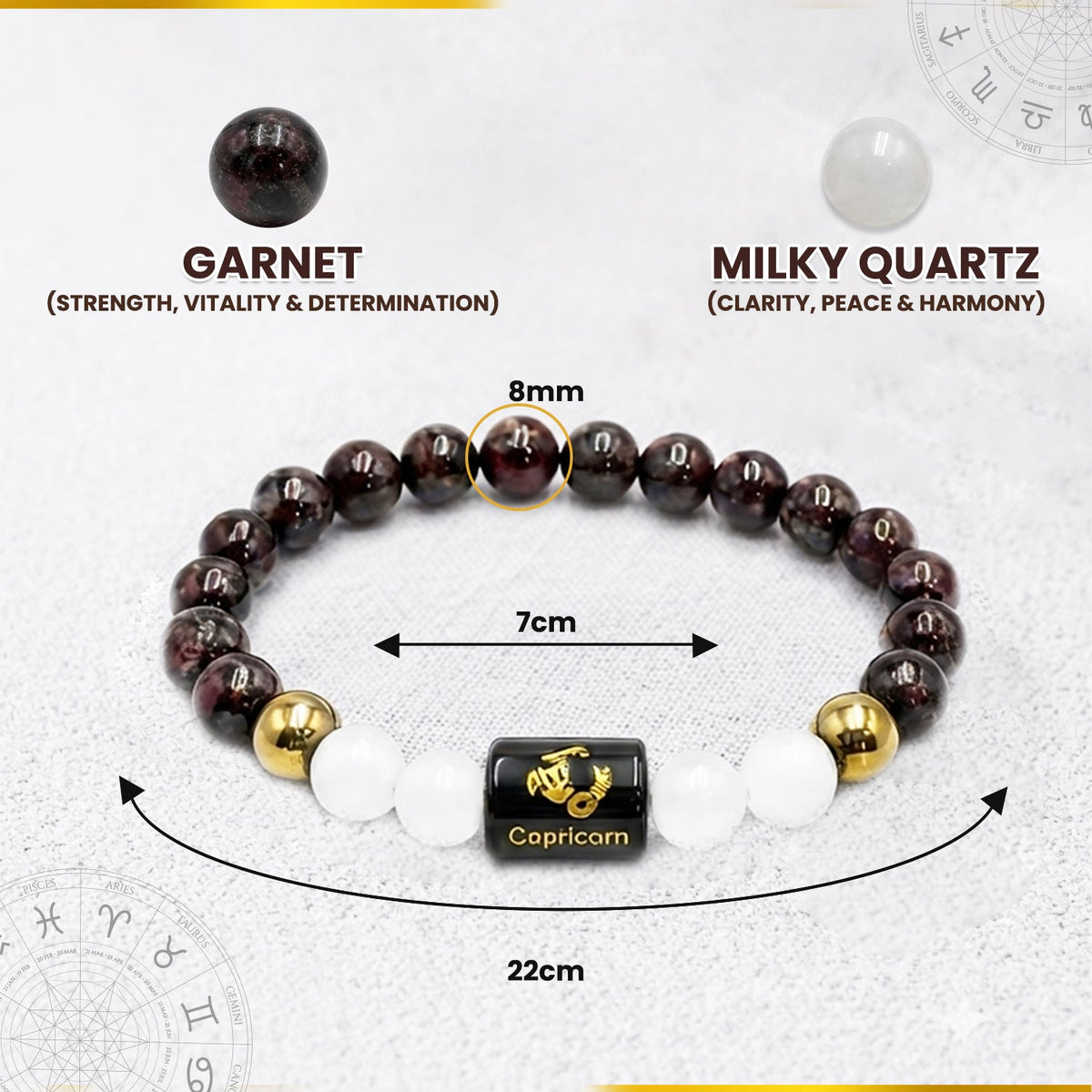 Capricorn (मकर राशि) Zodiac Garnet & Milky Quartz Crystal Bracelet