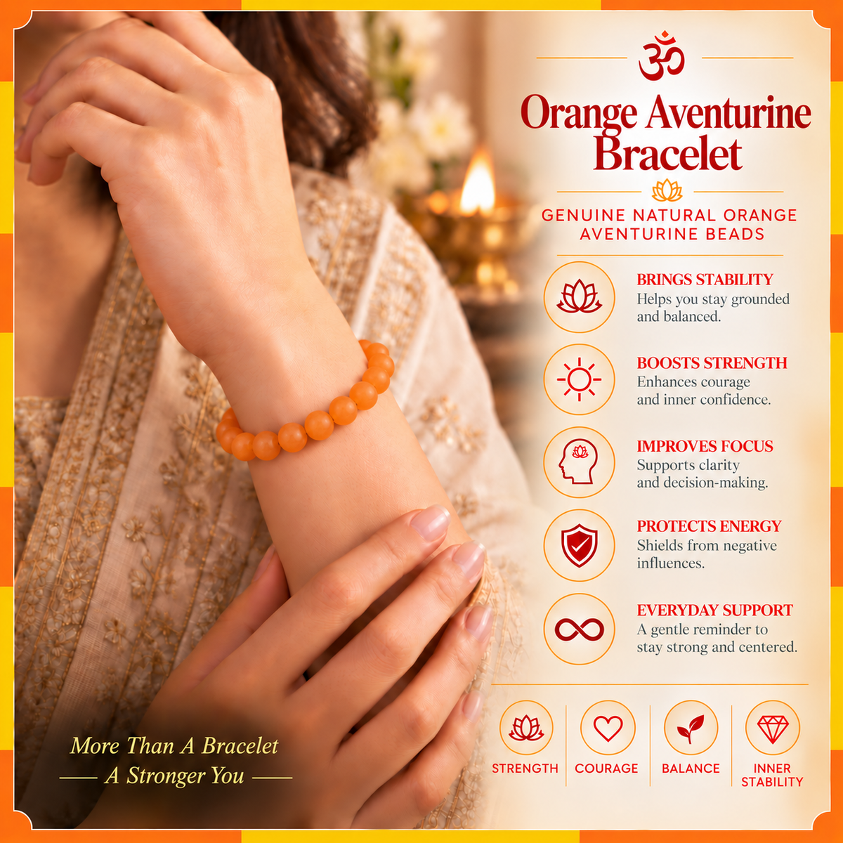 Natural Orange Aventurine Bracelet for Men & Women | 8–9 mm Beads | Unisex Positivity & Confidence Bracelet