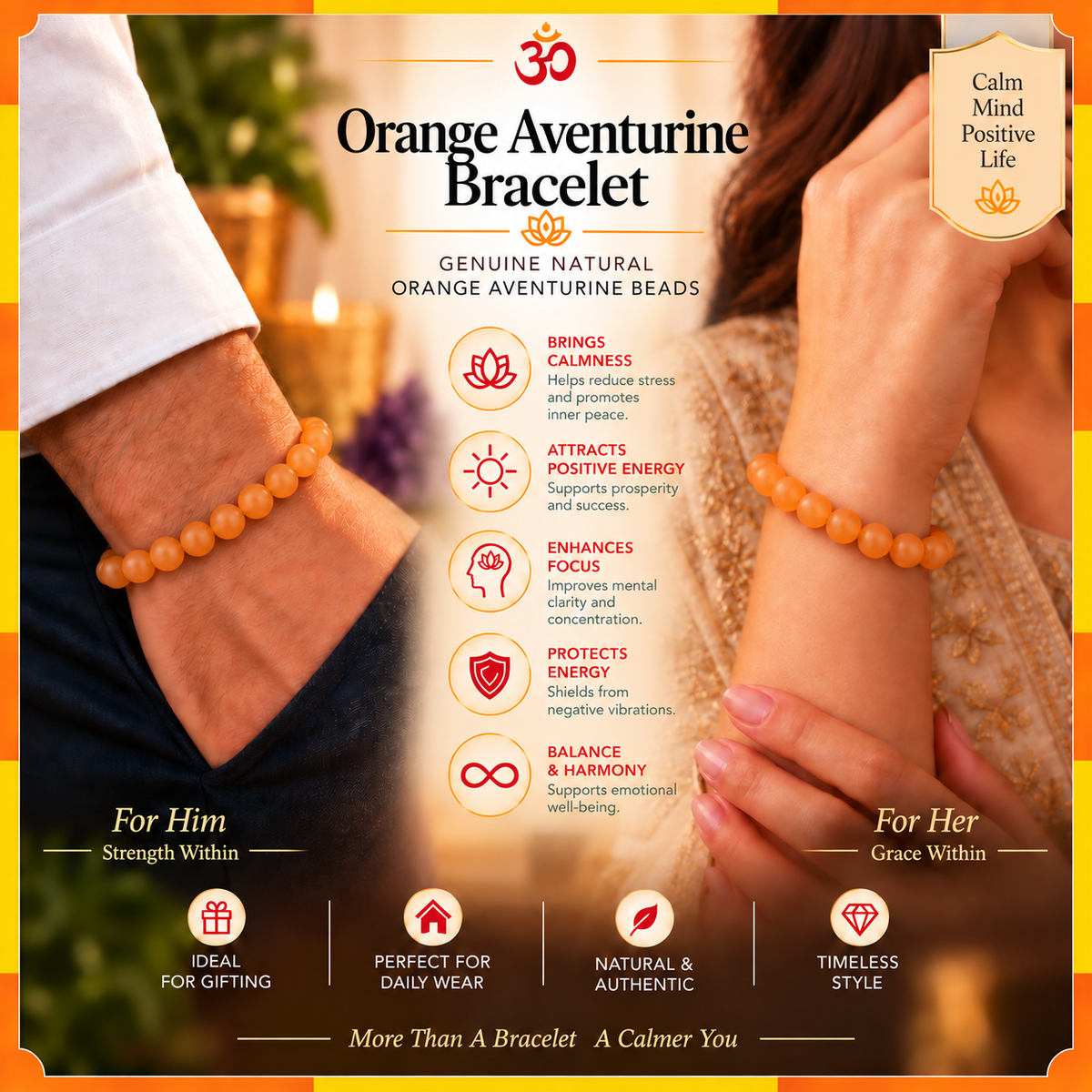 Natural Orange Aventurine Bracelet for Men & Women | 8–9 mm Beads | Unisex Positivity & Confidence Bracelet