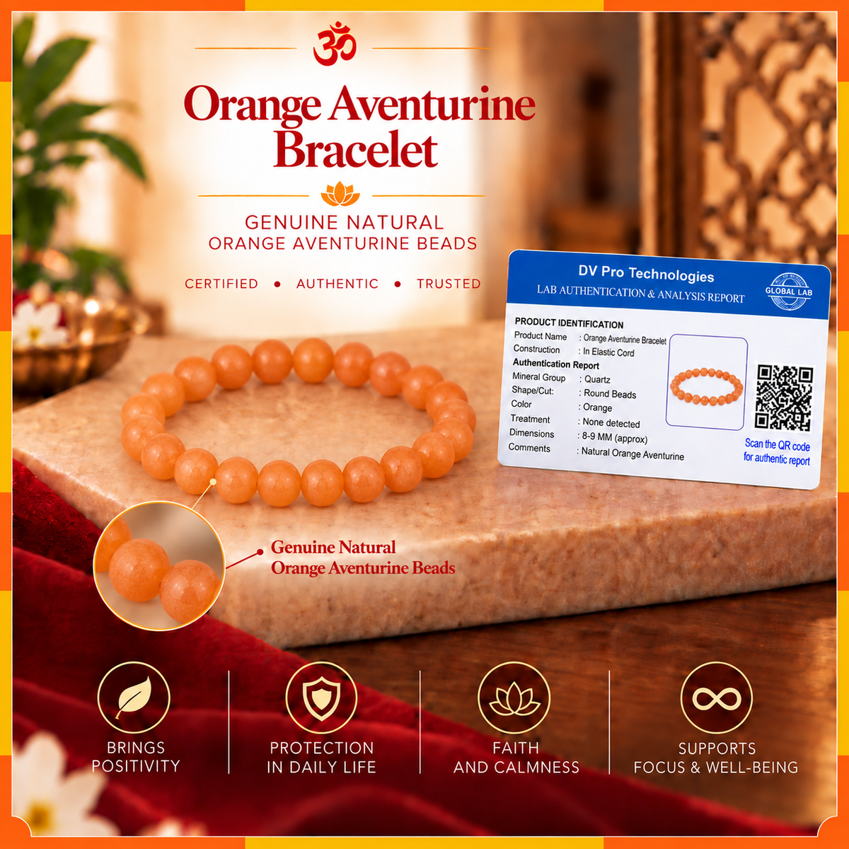 Natural Orange Aventurine Bracelet for Men & Women | 8–9 mm Beads | Unisex Positivity & Confidence Bracelet