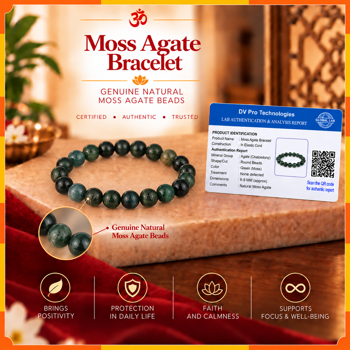 Natural Moss Agate Bracelet for Men & Women | 8–9 mm Beads | Unisex Growth & Abundance Bracelet