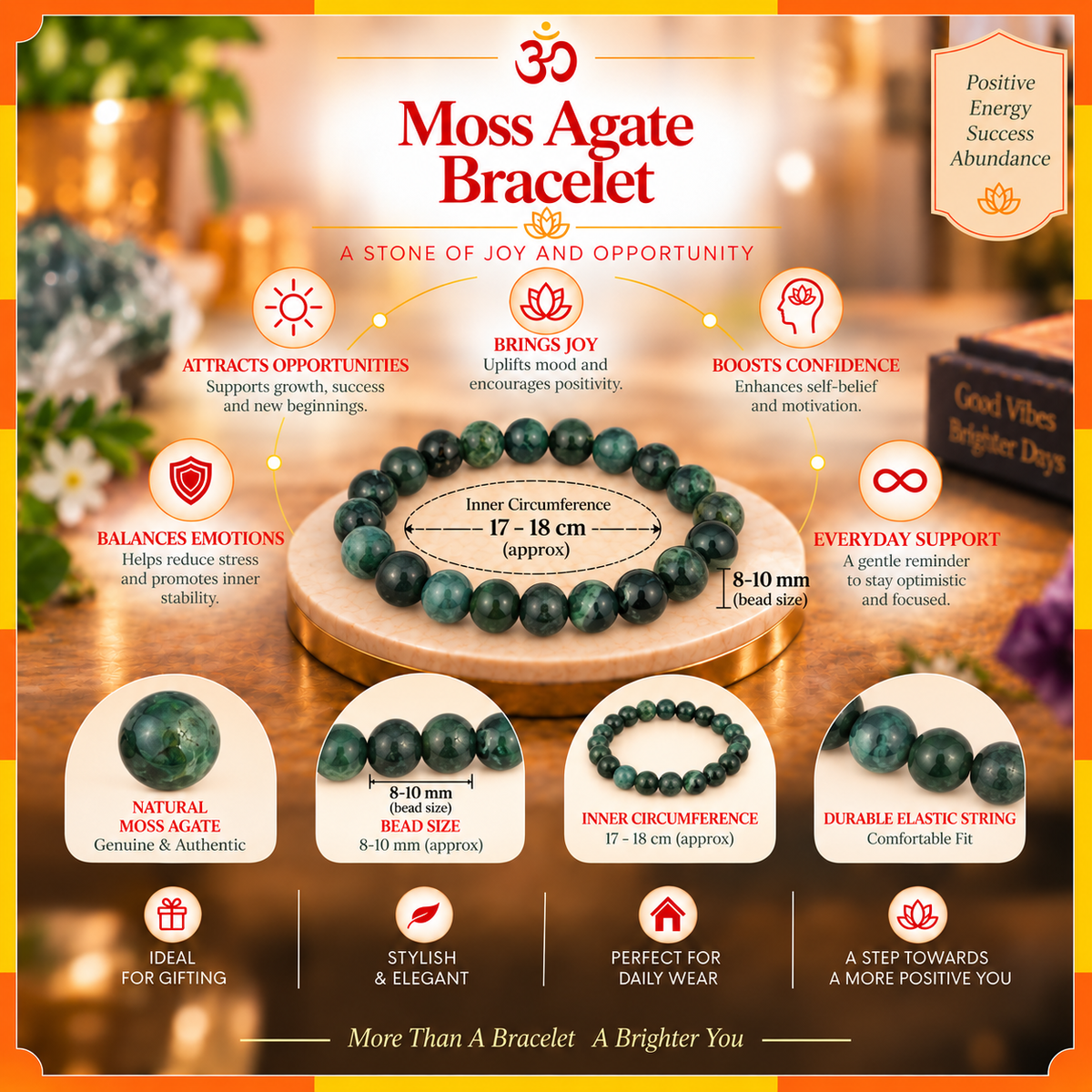 Natural Moss Agate Bracelet for Men & Women | 8–9 mm Beads | Unisex Growth & Abundance Bracelet