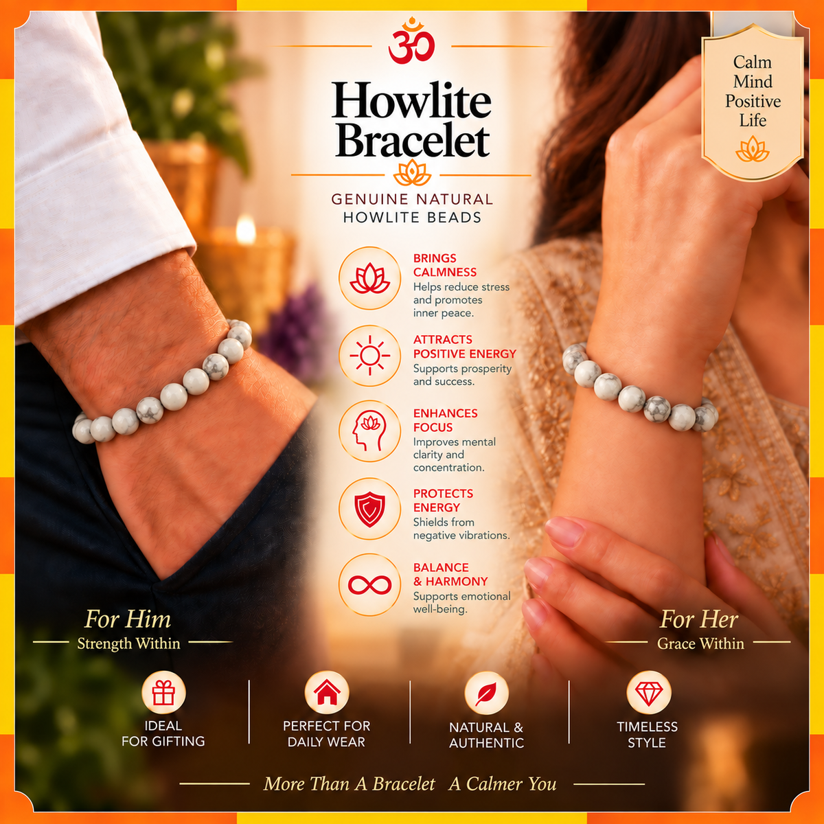 Natural Howlite Stone Bracelet for Men & Women | 8–9 mm Beads | Unisex Calm & Balance Bracelet