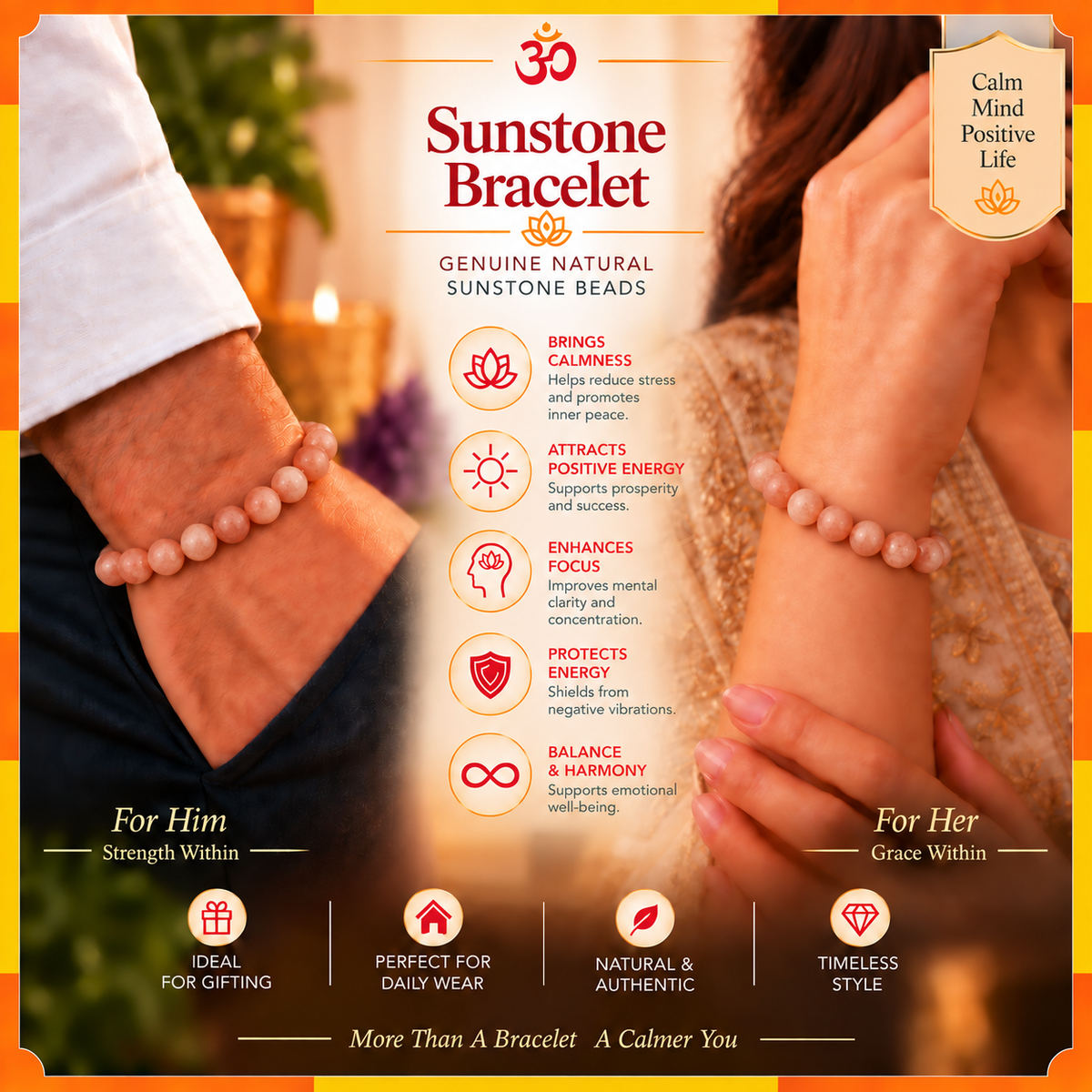 Natural Sunstone Bracelet for Men & Women | 8–9 mm Beads | Unisex Positivity & Confidence Bracelet