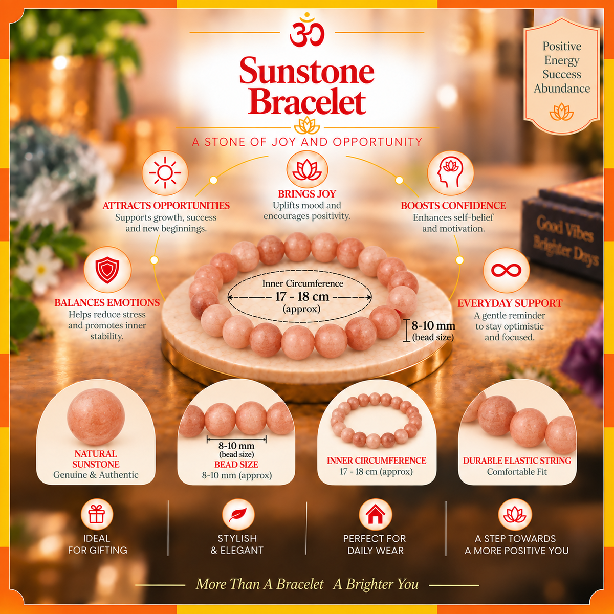 Natural Sunstone Bracelet for Men & Women | 8–9 mm Beads | Unisex Positivity & Confidence Bracelet