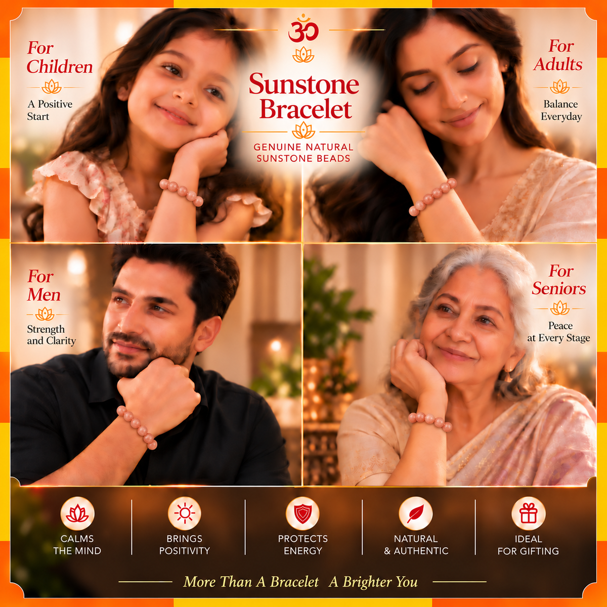 Natural Sunstone Bracelet for Men & Women | 8–9 mm Beads | Unisex Positivity & Confidence Bracelet