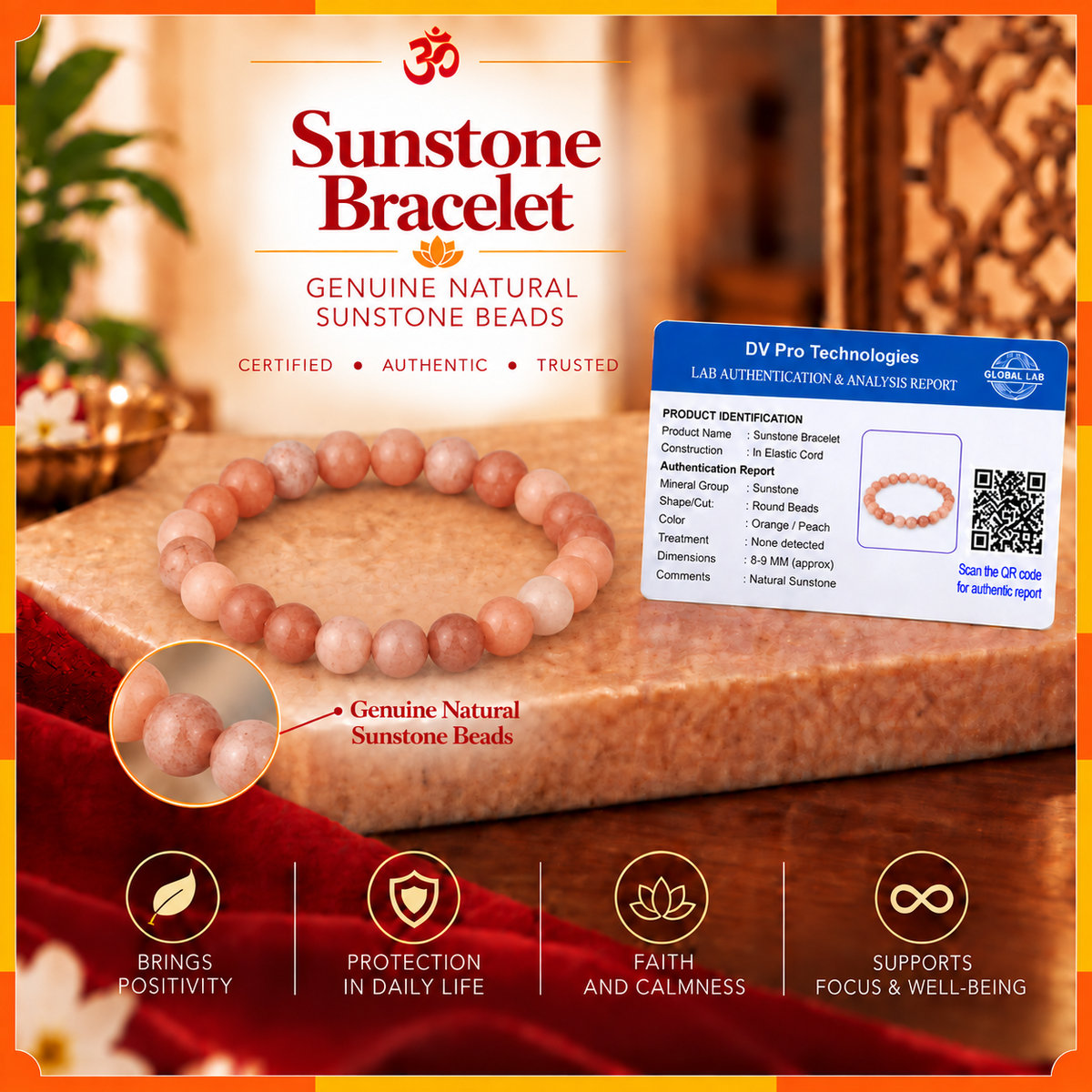 Natural Sunstone Bracelet for Men & Women | 8–9 mm Beads | Unisex Positivity & Confidence Bracelet
