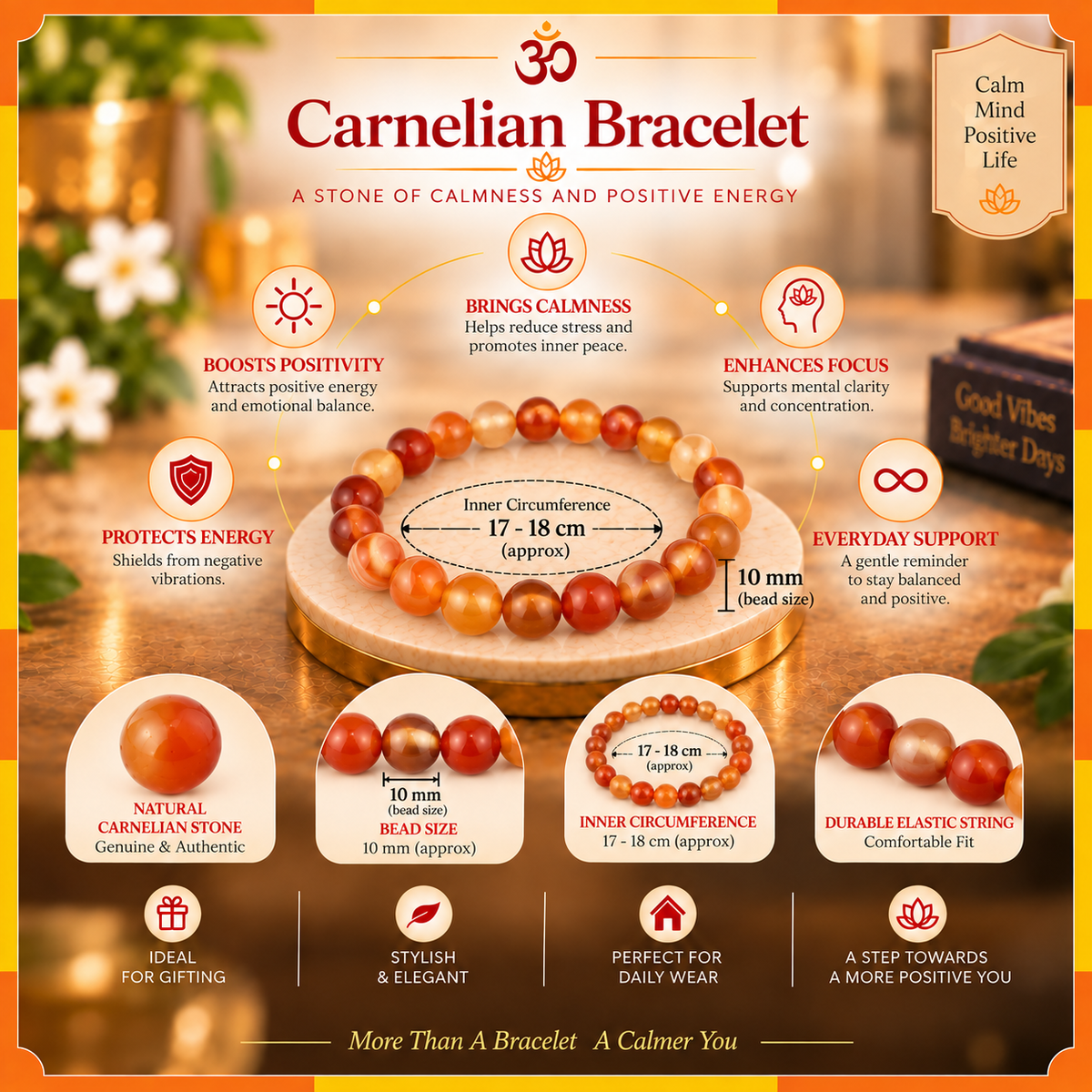 Natural Carnelian Stone Bracelet for Men & Women | 8–9 mm Beads | Unisex Confidence & Motivation Bracelet