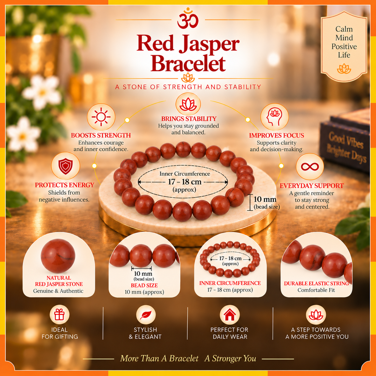 Natural Red Jasper Bracelet for Men & Women | 8–9 mm Beads | Unisex Strength & Grounding Bracelet