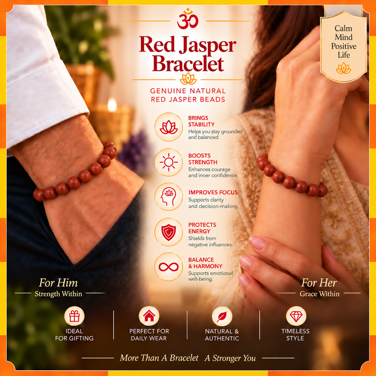 Natural Red Jasper Bracelet for Men & Women | 8–9 mm Beads | Unisex Strength & Grounding Bracelet