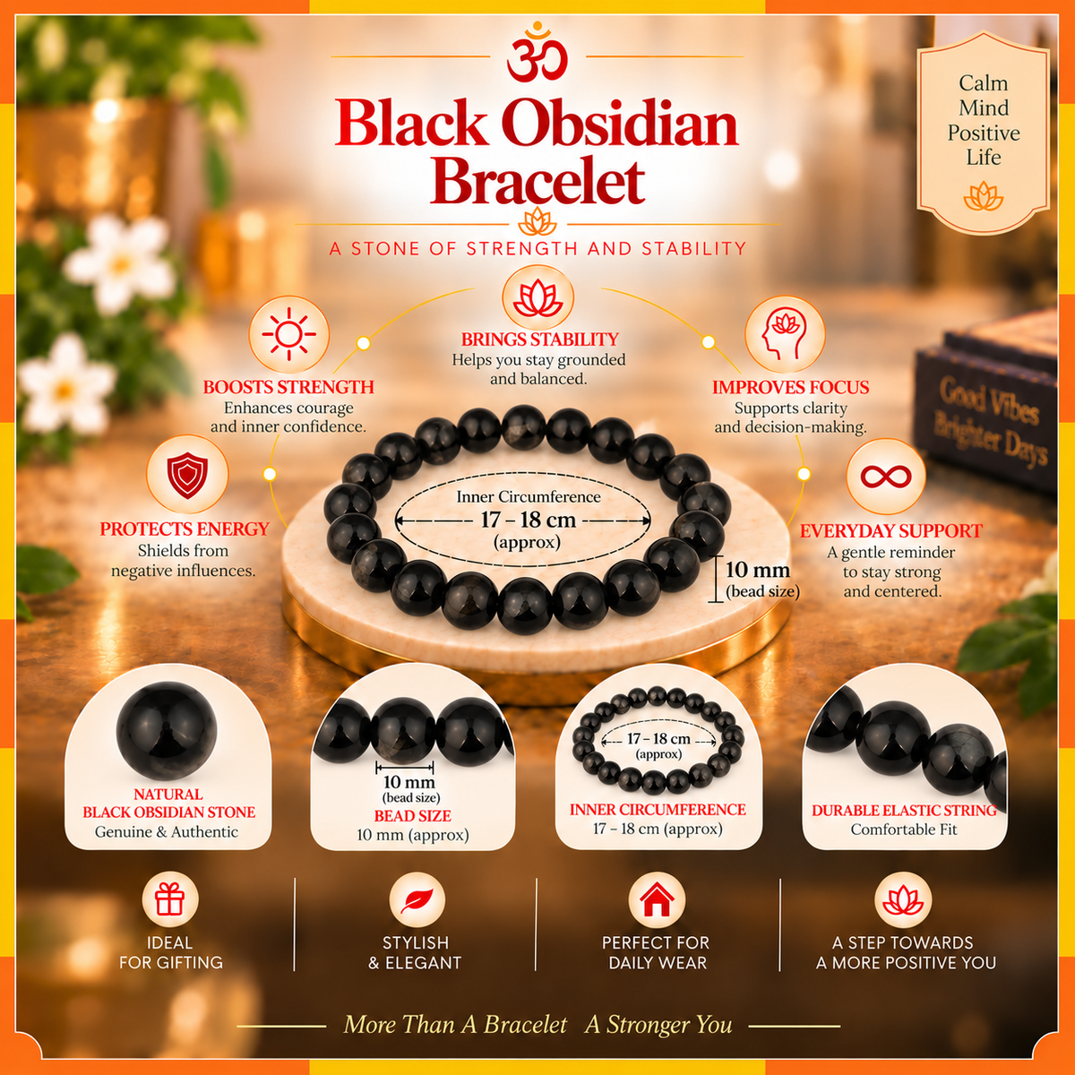 Natural Black Obsidian Bracelet for Men & Women | 8–9 mm Beads | Unisex Protection & Grounding Bracelet