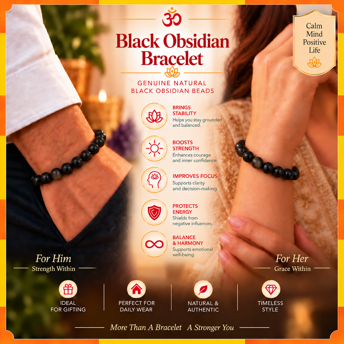 Natural Black Obsidian Bracelet for Men & Women | 8–9 mm Beads | Unisex Protection & Grounding Bracelet