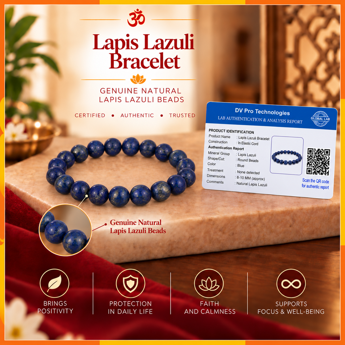 Natural Lapis Lazuli Stone Bracelet for Men & Women | 8–9 mm Beads | Unisex Wisdom & Confidence Bracelet