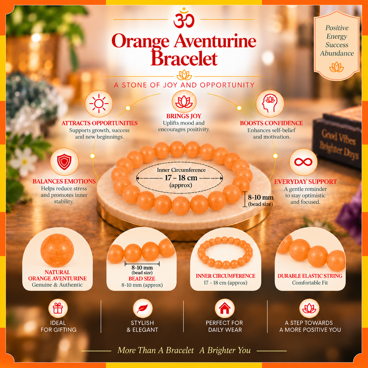 Natural Orange Aventurine Bracelet for Men & Women | 8–9 mm Beads | Unisex Positivity & Confidence Bracelet