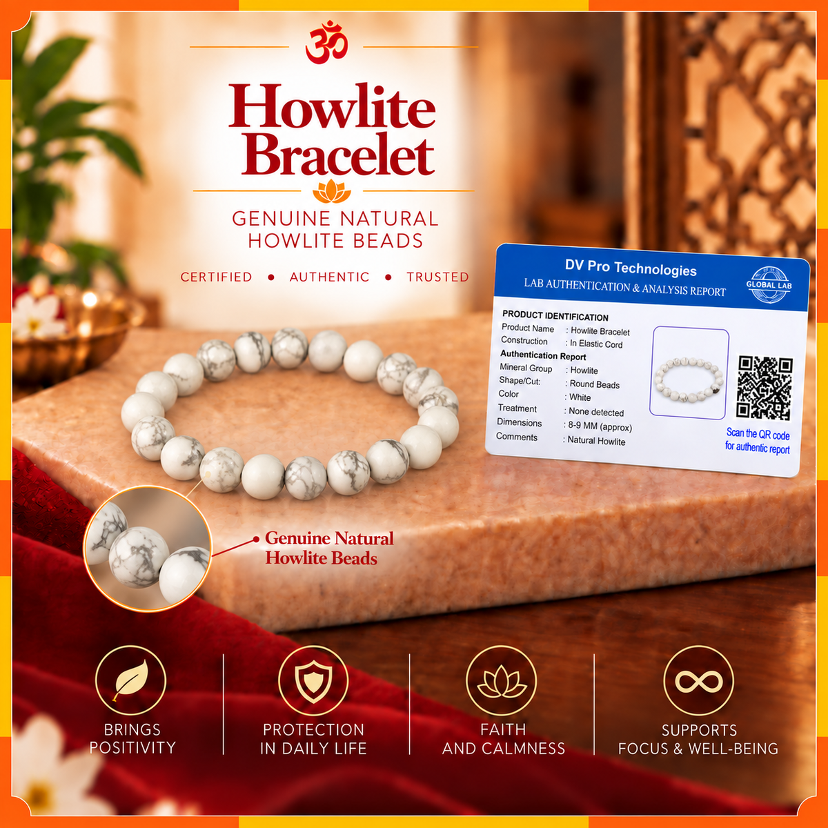 Natural Howlite Stone Bracelet for Men & Women | 8–9 mm Beads | Unisex Calm & Balance Bracelet