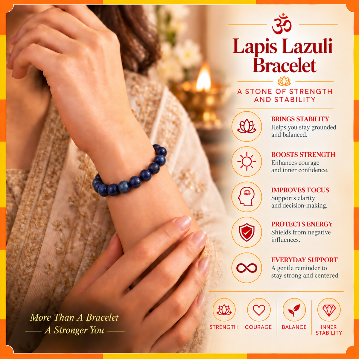 Natural Lapis Lazuli Stone Bracelet for Men & Women | 8–9 mm Beads | Unisex Wisdom & Confidence Bracelet