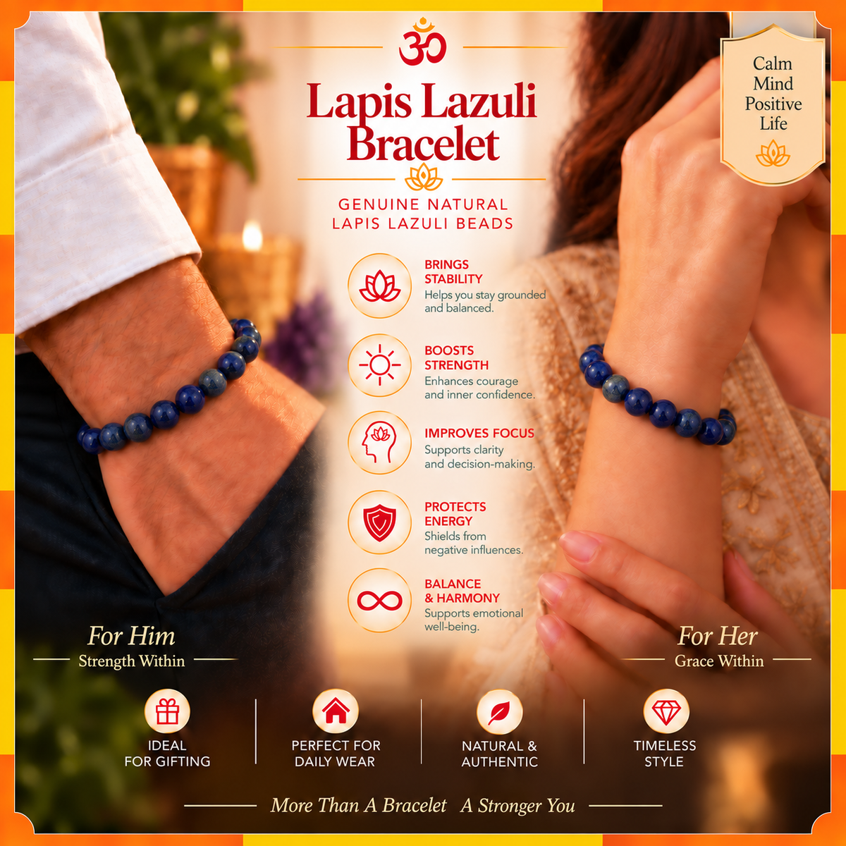 Natural Lapis Lazuli Stone Bracelet for Men & Women | 8–9 mm Beads | Unisex Wisdom & Confidence Bracelet