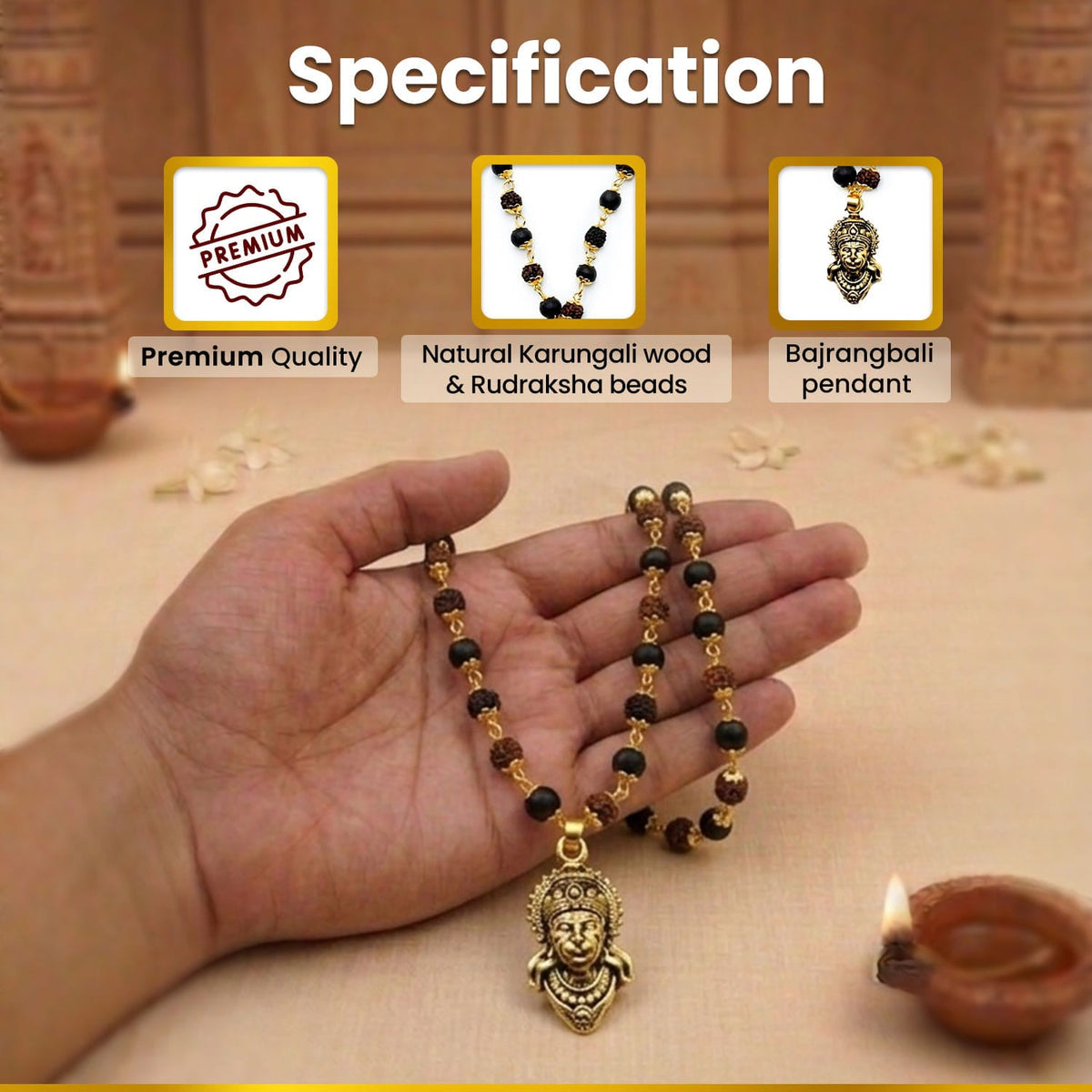 Gold Plated Bajrangbali Karungali Rudraksha Necklace