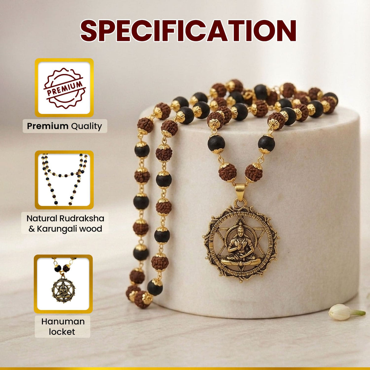 Gold Plated Rudraksha Karungali Mala with Hanuman Pendant