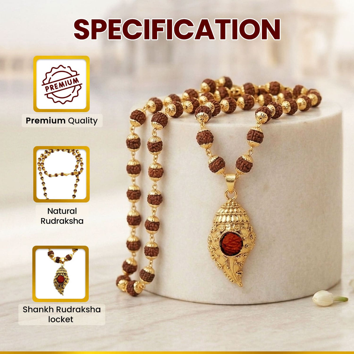 Gold Plated Shankh Rudraksha Mala
