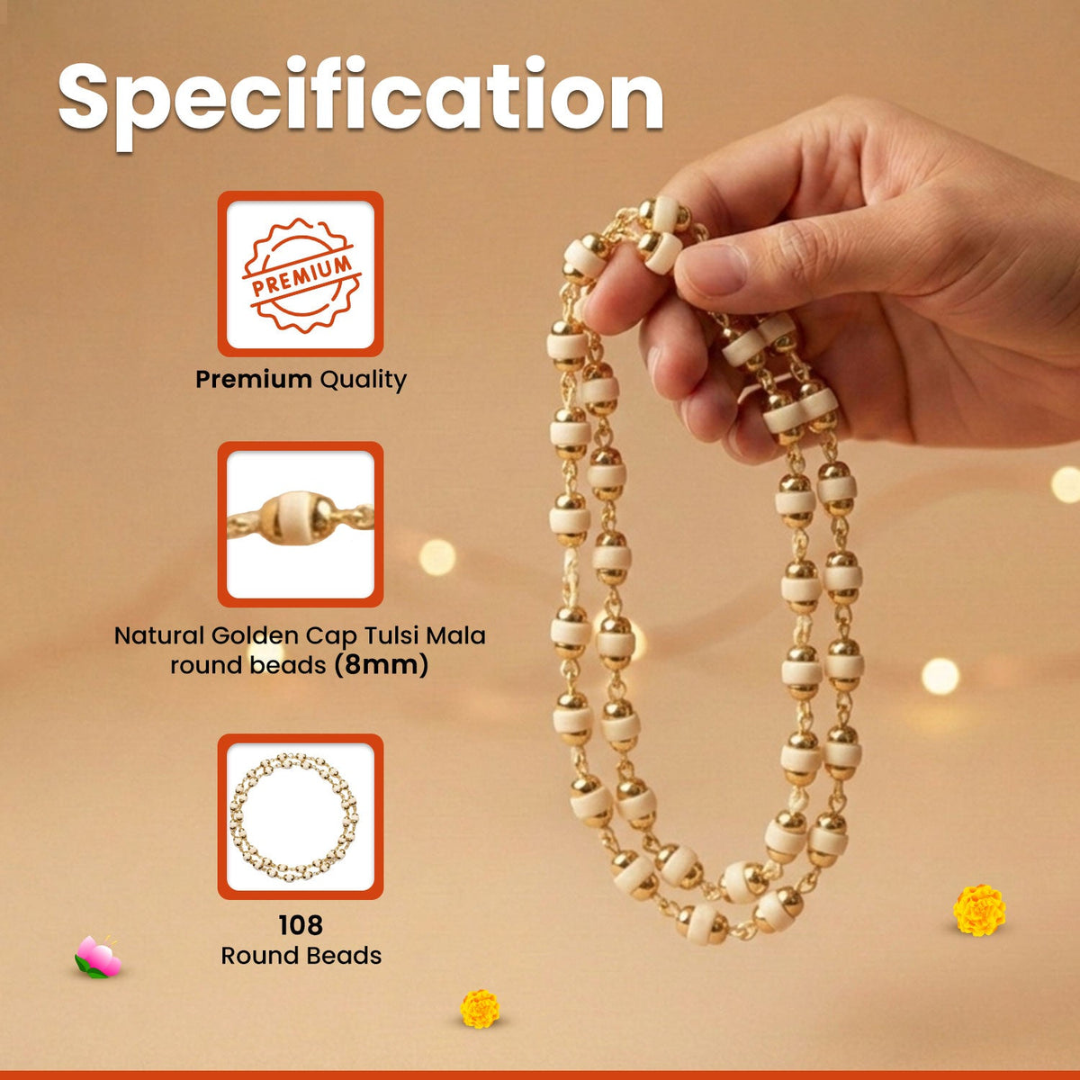 Golden Cap Tulsi Mala – Spiritual Protection & Positive Energy