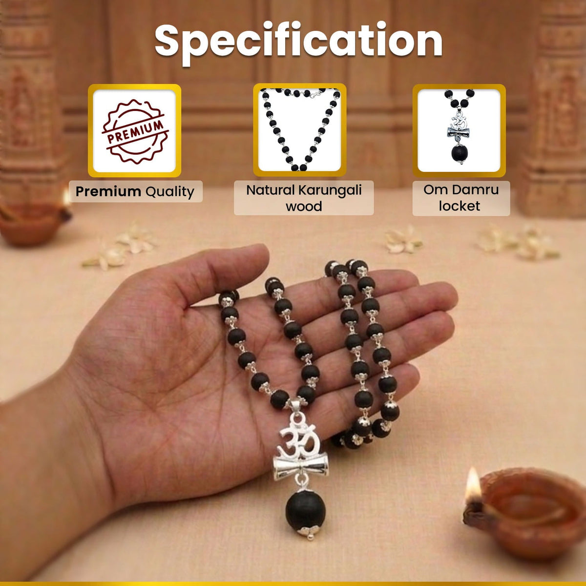 Karungali Silver Plated Mala with Om Damru Locket