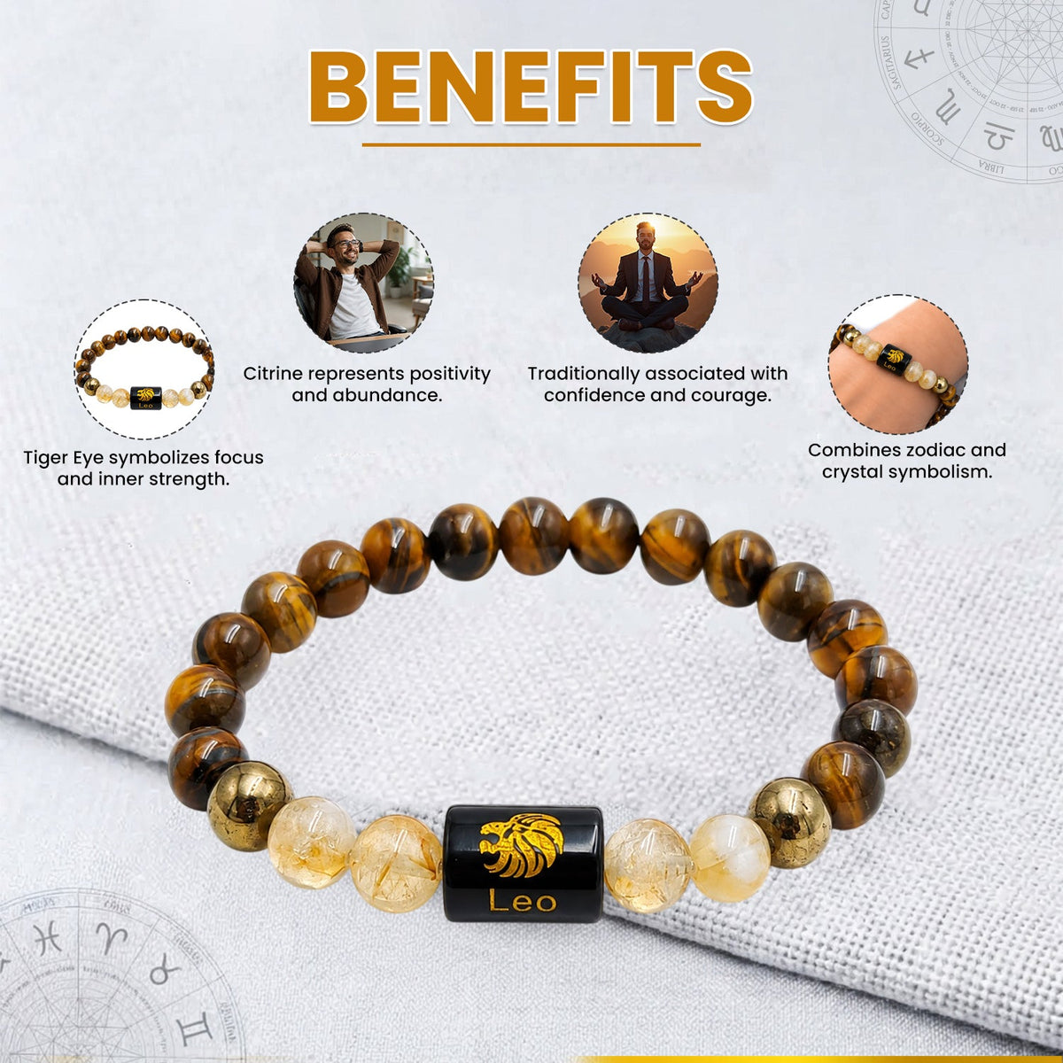 Leo (सिंह राशि) Zodiac Tiger Eye & Citrine Crystal Bracelet