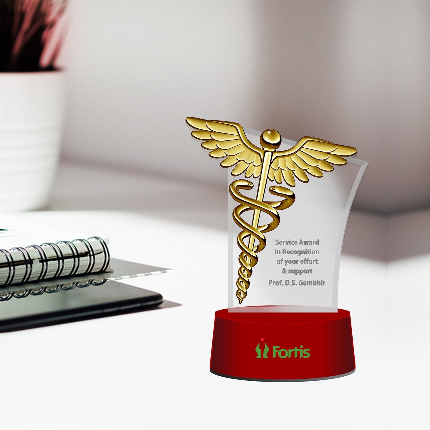 Personalized Corporate Acrylic Trophy with Gold Logo