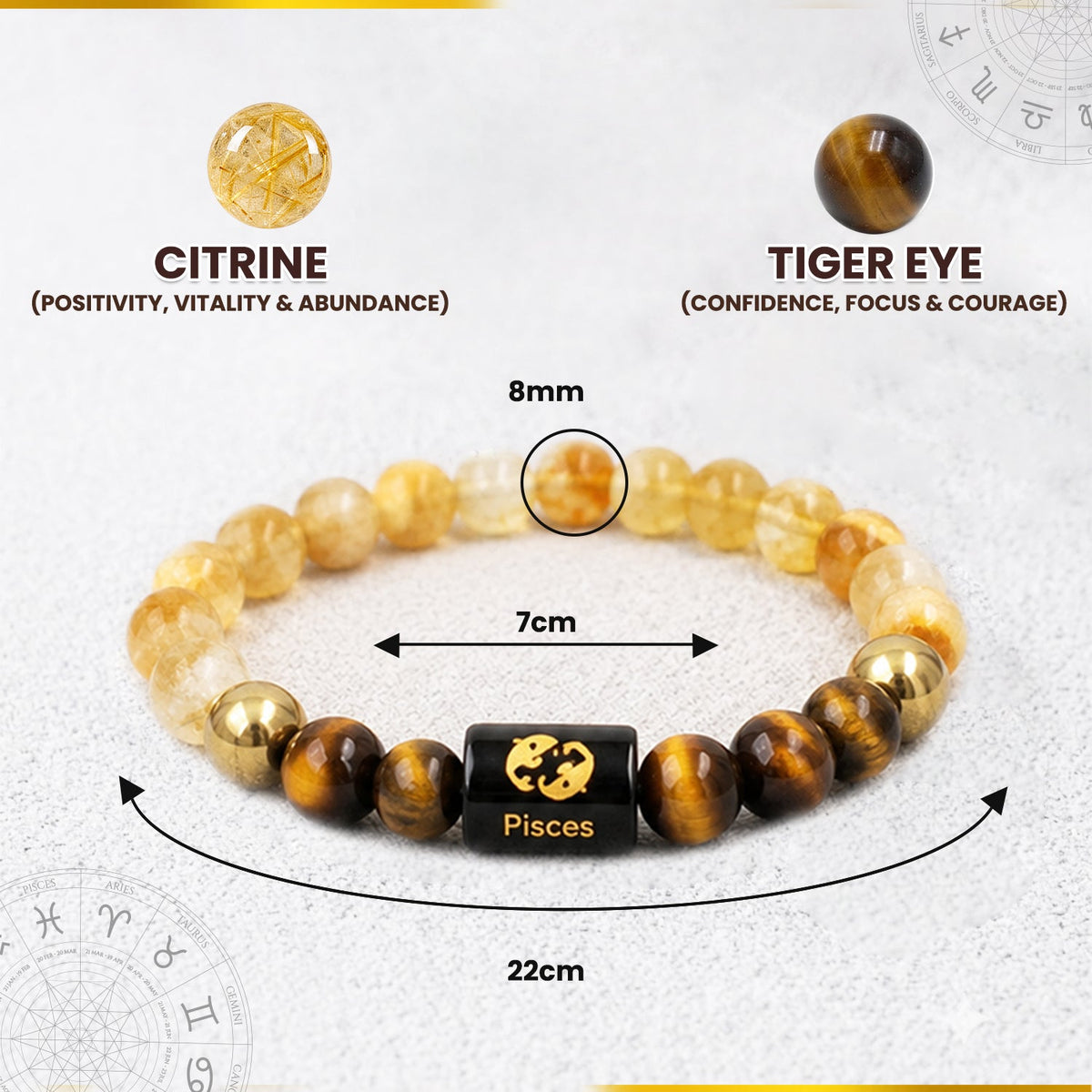 Pisces (मीन राशि) Zodiac Citrine & Tiger Eye Crystal Bracelet