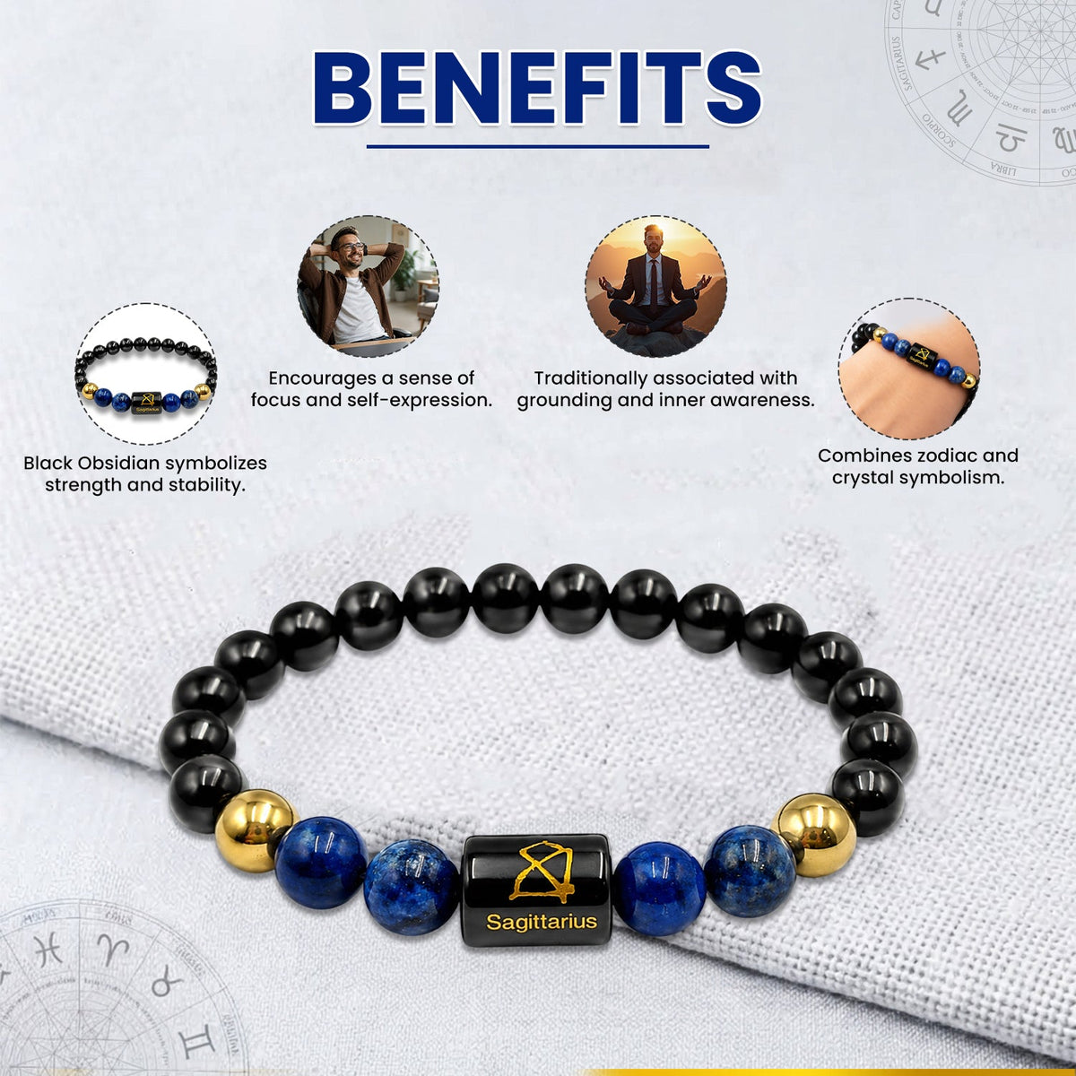 Sagittarius (धनु राशि) Zodiac Black Obsidian & Lapis Lazuli Crystal Bracelet