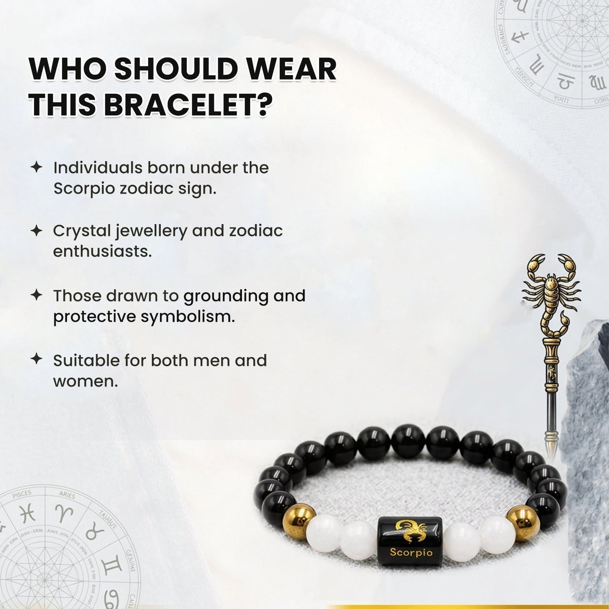 Scorpio (वृश्चिक राशि) Zodiac Black Obsidian & Milky Quartz Crystal Bracelet