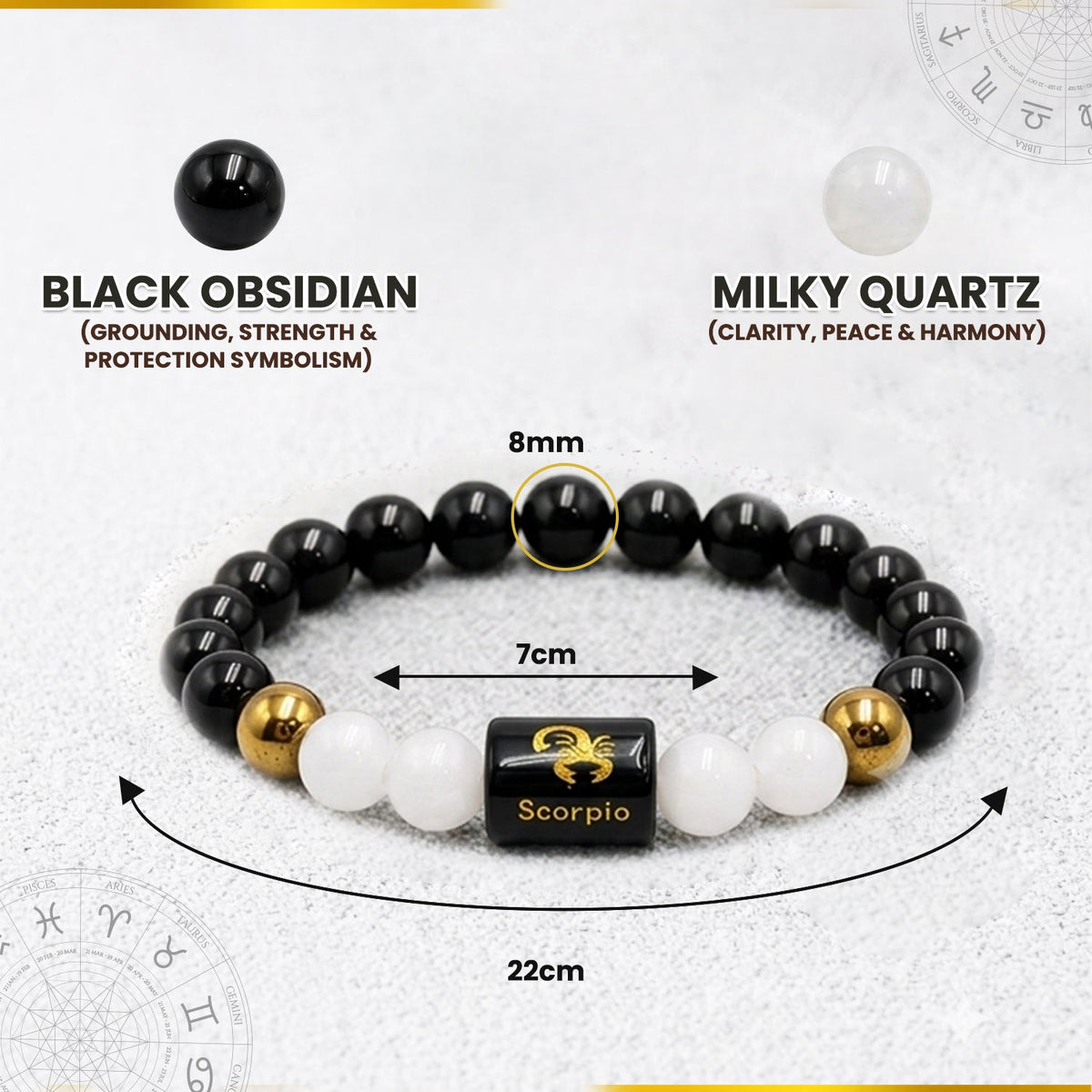Scorpio (वृश्चिक राशि) Zodiac Black Obsidian & Milky Quartz Crystal Bracelet