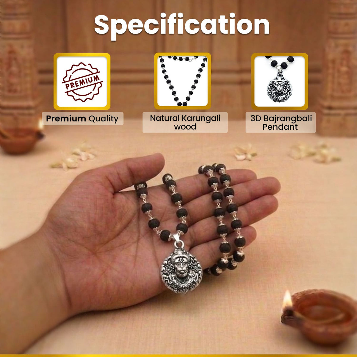 Silver Plated 3D Bajrangbali Pendant with Karungali Mala