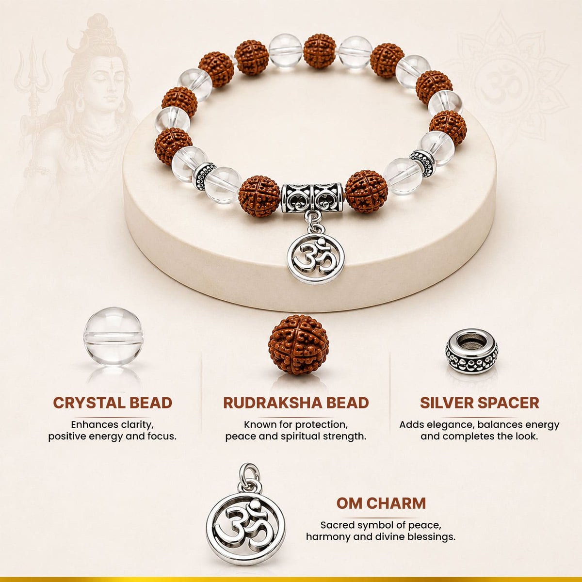 Sphatik Rudraksha OM Charm Bracelet