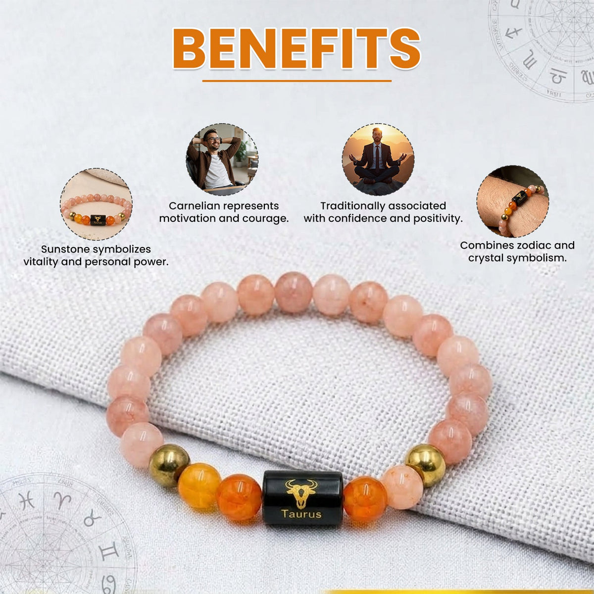 Taurus (वृषभ राशि) Zodiac Sunstone & Carnelian Crystal Bracelet