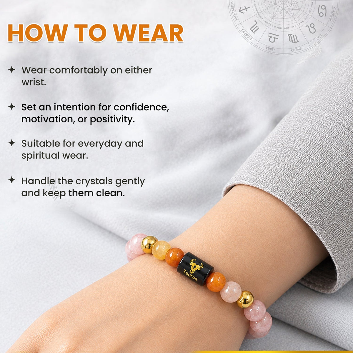 Taurus (वृषभ राशि) Zodiac Sunstone & Carnelian Crystal Bracelet