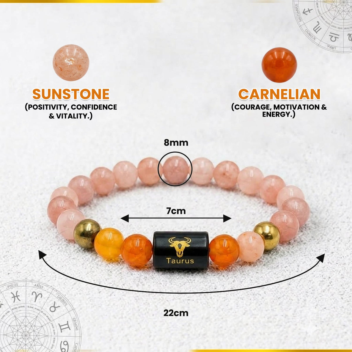Taurus (वृषभ राशि) Zodiac Sunstone & Carnelian Crystal Bracelet