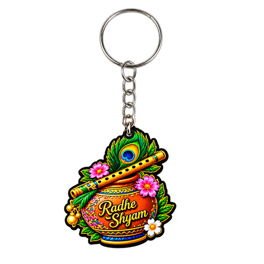 Radhe Shyam Peacock Flute Keychain | Krishna Devotional Key Ring | Gift