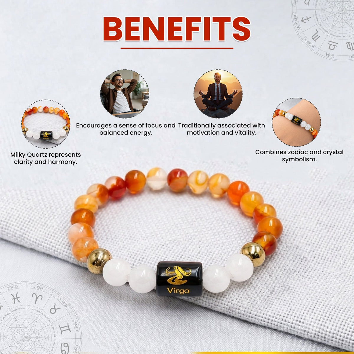 Virgo (कन्या राशि) Zodiac Carnelian & Milky Quartz Crystal Bracelet