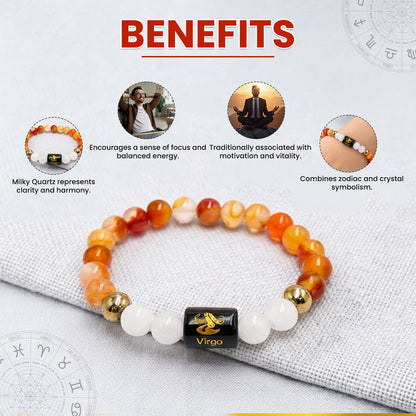 Virgo (कन्या राशि) Zodiac Carnelian & Milky Quartz Crystal Bracelet