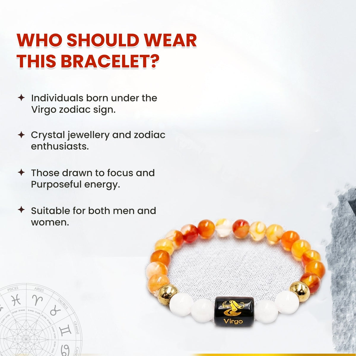 Virgo (कन्या राशि) Zodiac Carnelian & Milky Quartz Crystal Bracelet