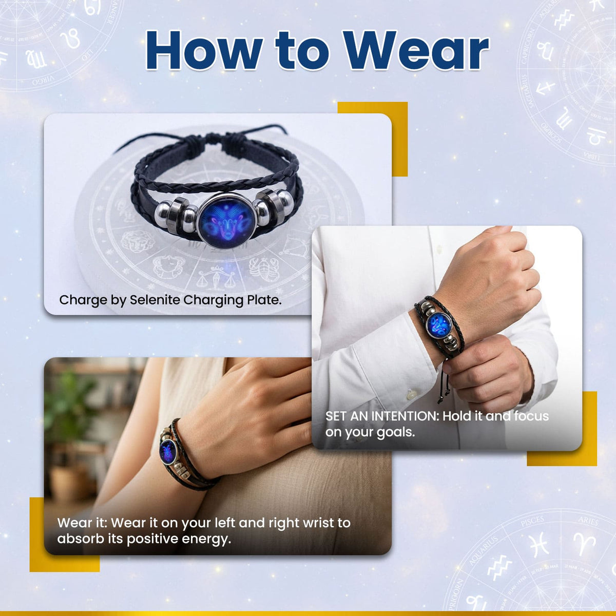 Zodiac Bracelet–Elegant Black Leather Design with 12 Constellation Signs