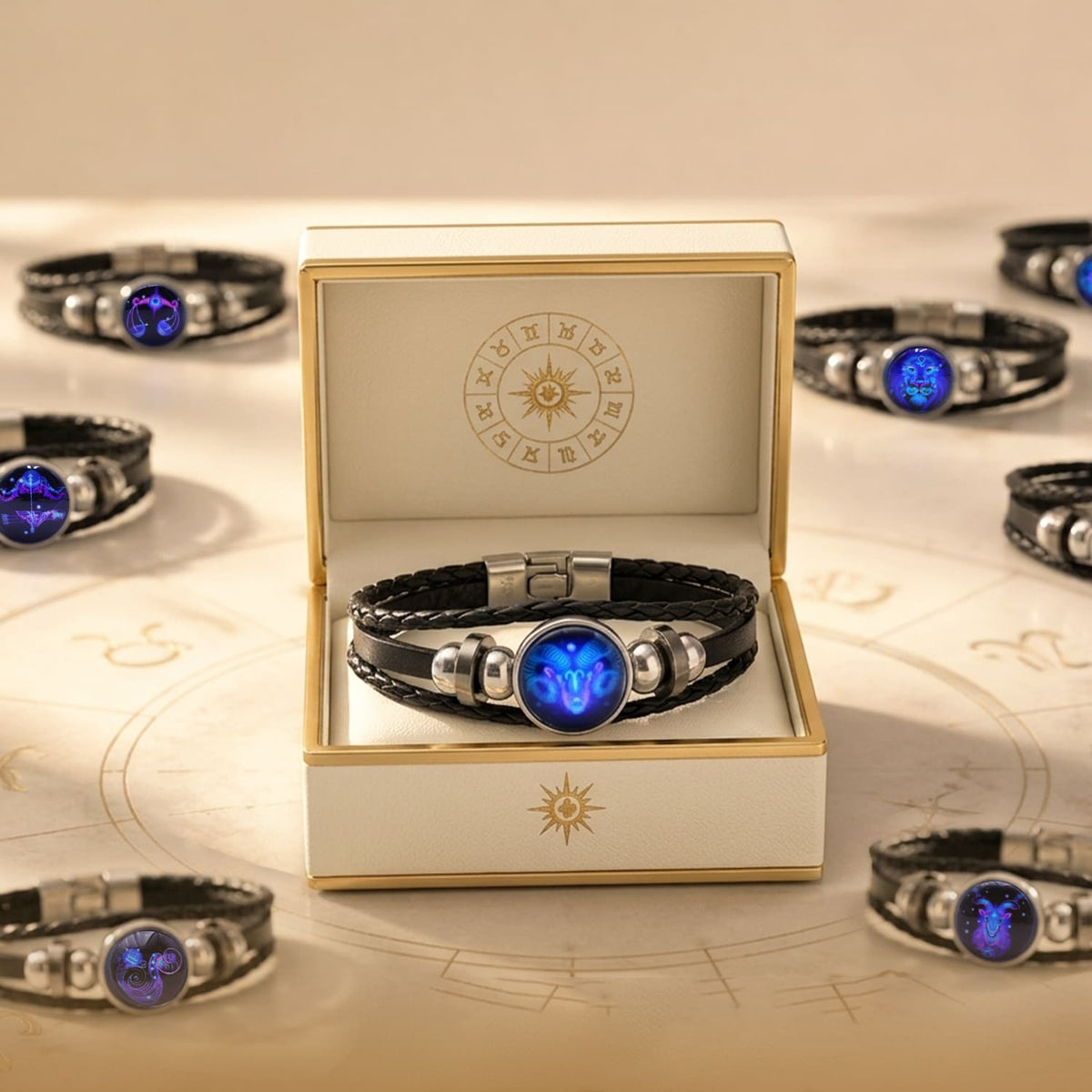 Zodiac Bracelet–Elegant Black Leather Design with 12 Constellation Signs